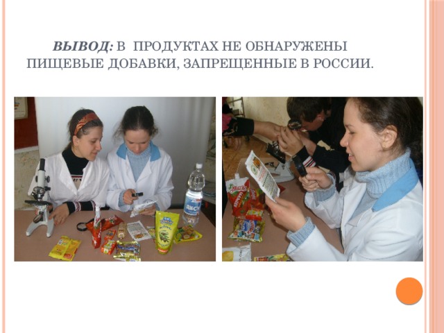 Вывод: в продуктах не обнаружены пищевые добавки, запрещенные в России.   