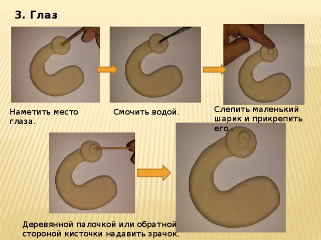 3. Глаз Слепить маленький шарик и прикрепить его . Наметить место глаза. Смочить водой. Деревянной палочкой или обратной стороной кисточки надавить зрачок. 