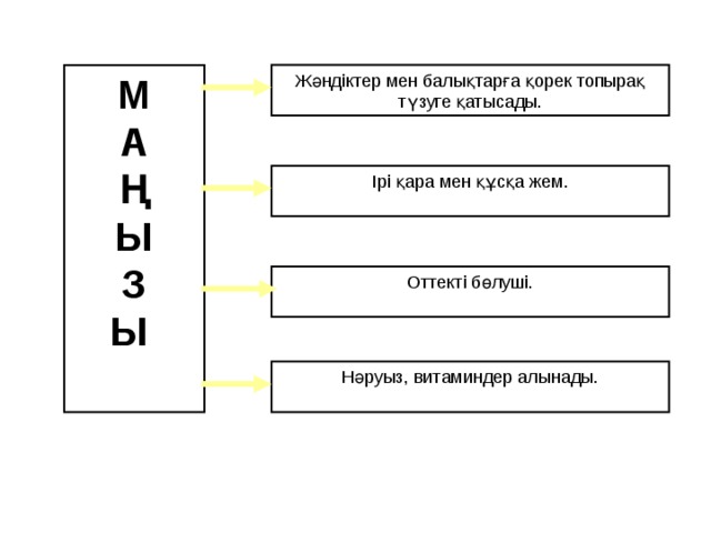 Жәндіктер мен балықтарға қорек топырақ түзуге қатысады. М А Ң Ы З Ы Ірі қара мен құсқа жем. Оттекті бөлуші. Нәруыз, витаминдер алынады. 