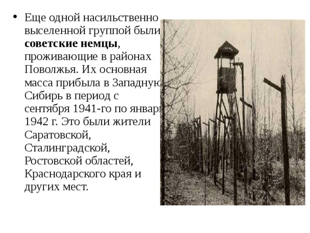 Еще одной насильственно выселенной группой были советские немцы , проживающие в районах Поволжья. Их основная масса прибыла в Западную Сибирь в период с сентября 1941-го по январь 1942 г. Это были жители Саратовской, Сталинградской, Ростовской областей, Краснодарского края и других мест.