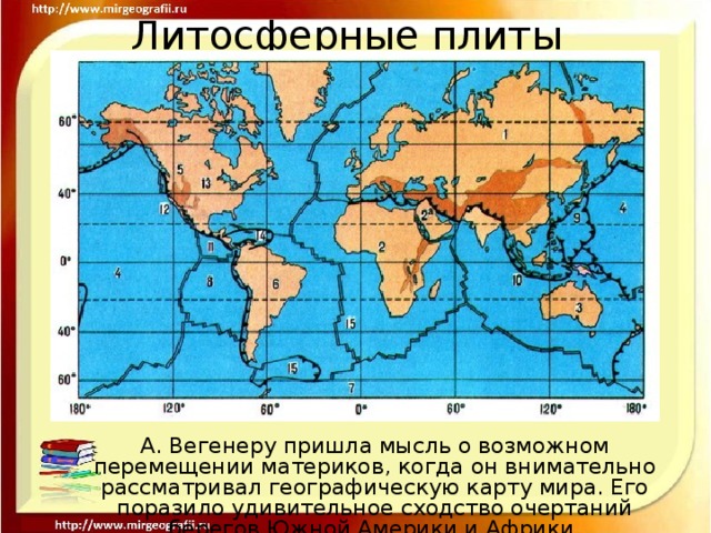 Литосферные плиты А. Вегенеру пришла мысль о возможном перемещении материков, когда он внимательно рассматривал географическую карту мира. Его поразило удивительное сходство очертаний берегов Южной Америки и Африки.