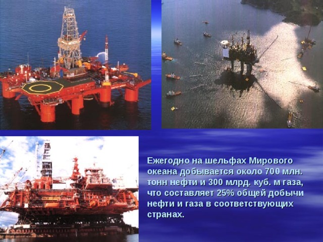 Ежегодно на шельфах Мирового океана добывается около 700 млн. тонн нефти и 300 млрд. куб. м газа, что составляет 25% общей добычи нефти и газа в соответствующих странах.