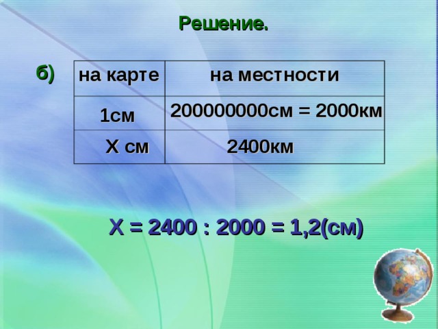 Решение. б) на карте на местности 200000000см = 2000км 1см Х см 2400км Х = 2400 : 2000 = 1,2(см)