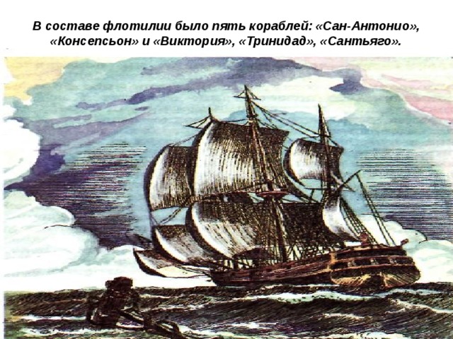В составе флотилии было пять кораблей: «Сан-Антонио», «Консепсьон» и «Виктория», «Тринидад», «Сантьяго».