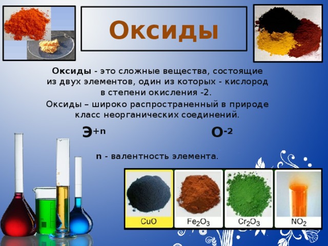Оксиды Оксиды - это сложные вещества, состоящие из двух элементов, один из которых - кислород в степени окисления -2. Оксиды – широко распространенный в природе класс неорганических соединений. Э +n О -2  n - валентность элемента. 