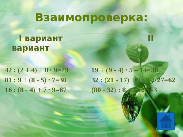 Взаимопроверка:  I вариант II вариант  42 : (2 + 4) + 8 · 9=79 19 + (9 - 4) · 5 – 14=30 81 : 9 + (8 - 5) · 7=30 32 : (21 - 17) + 9 · 3 + 27=62 16 : (8 - 4) + 7 · 9=67 (80 - 32) : 8 – 15 : 5=3  