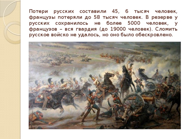Потери русских составили 45, 6 тысяч человек, французы потеряли до 58 тысяч человек. В резерве у русских сохранилось не более 5000 человек, у французов – вся гвардия (до 19000 человек). Сломить русское войско не удалось, но оно было обескровлено. 