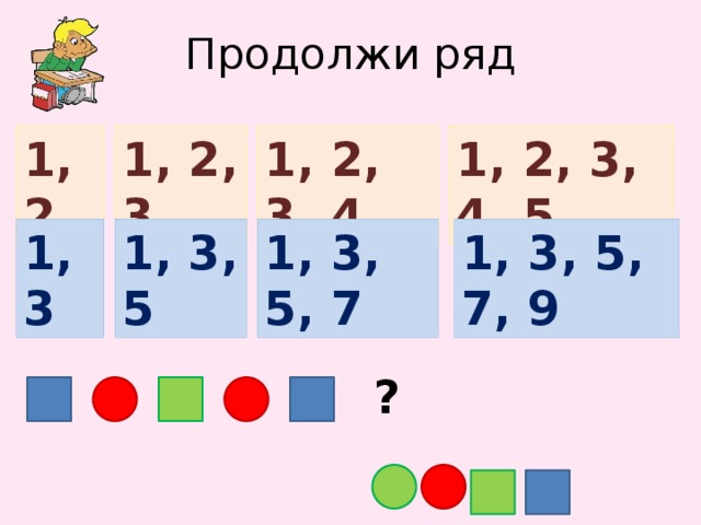 Продолжи ряд 1, 2, 3 1, 2, 3, 4 1, 2, 3, 4, 5 1, 2 1, 3 1, 3, 5 1, 3, 5, 7 1, 3, 5, 7, 9 ?