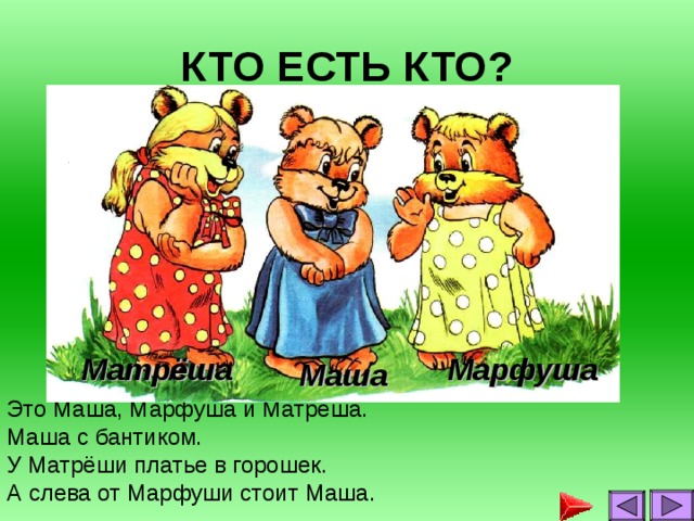 КТО ЕСТЬ КТО? Марфуша Матрёша Маша Это Маша, Марфуша и Матрёша. Маша с бантиком. У Матрёши платье в горошек. А слева от Марфуши стоит Маша.