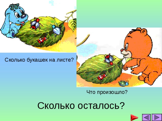 Сколько букашек на листе? Что произошло? Сколько осталось?