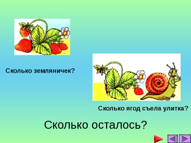 Сколько земляничек?  Сколько ягод съела улитка? Сколько осталось?