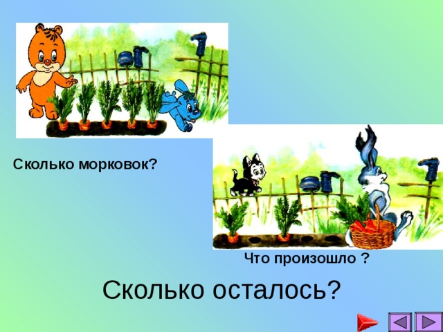 Сколько морковок? Что произошло ? Сколько осталось?