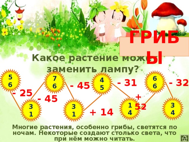 ГРИБЫ Какое растение может заменить лампу? 56 76 66 45 - 31 - 32 - 45 - 25 + 52 - 45 34 14 31 31 + 14 Многие растения, особенно грибы, светятся по ночам. Некоторые создают столько света, что при нём можно читать.