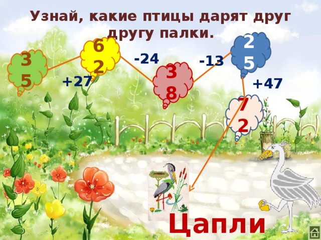 Узнай, какие птицы дарят друг другу палки. 25 62 -24 35 -13 38 +27 +47 72 Цапли