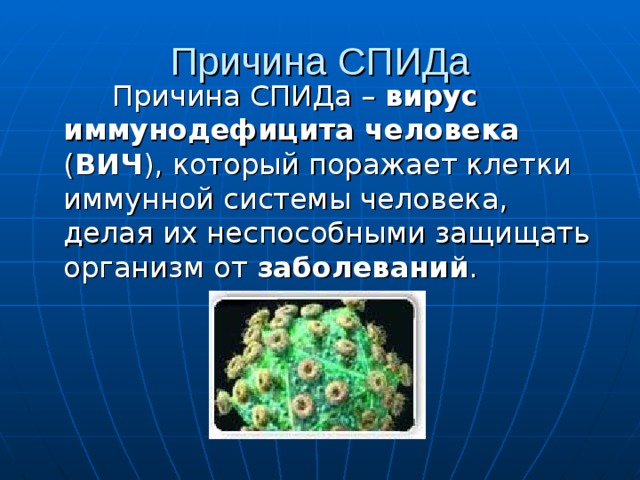 Причина СПИДа  Причина СПИДа – вирус иммунодефицита человека ( ВИЧ ), который поражает клетки иммунной системы человека, делая их неспособными защищать организм от заболеваний . 