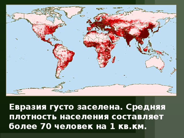Евразия густо заселена. Средняя плотность населения составляет более 70 человек на 1 кв.км. 