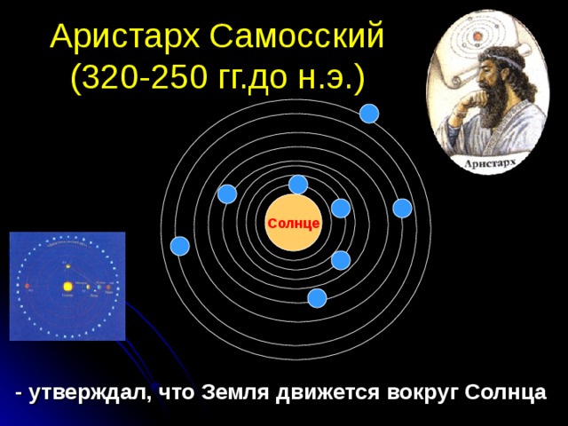Аристарх Самосский  (320-250 гг.до н.э.) Солнце - утверждал, что Земля движется вокруг Солнца 