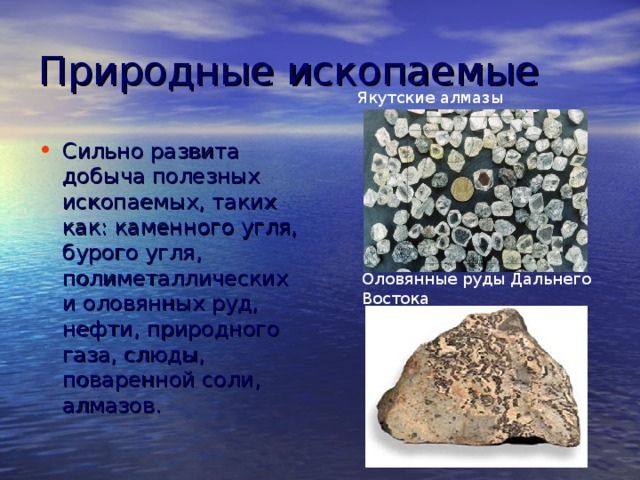 Природные ископаемые Якутские алмазы Сильно развита добыча полезных ископаемых, таких как: каменного угля, бурого угля, полиметаллических и оловянных руд, нефти, природного газа, слюды, поваренной соли, алмазов.  Оловянные руды Дальнего Востока 