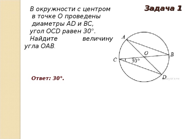 Задача 1 В окружности с центром  в точке О проведены  диаметры AD и BC, угол OCD равен 30°. Найдите величину угла OAB . Ответ: 30°. 