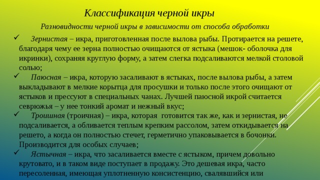 Классификация черной икры  Разновидности черной икры в зависимости от способа обработки  Зернистая – икра, приготовленная после вылова рыбы. Протирается на решете, благодаря чему ее зерна полностью очищаются от ястыка (мешок- оболочка для икринки), сохраняя круглую форму, а затем слегка подсаливаются мелкой столовой солью;  Паюсная – икра, которую засаливают в ястыках, после вылова рыбы, а затем выкладывают в мелкие корытца для просушки и только после этого очищают от ястыков и прессуют в специальных чанах. Лучшей паюсной икрой считается севрюжья – у нее тонкий аромат и нежный вкус;  Троишная (троичная) – икра, которая готовится так же, как и зернистая, не подсаливается, а обливается теплым крепким рассолом, затем откидывается на решето, а когда он полностью стечет, герметично упаковывается в бочонки. Производится для особых случаев;  Ястычная – икра, что засаливается вместе с ястыком, причем довольно крутовато, и в таком виде поступает в продажу. Это дешевая икра, часто пересоленная, имеющая уплотненную консистенцию, свалявшийся или подсушенный вид. 