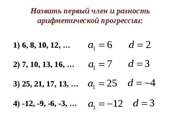 Назвать первый член и разность арифметической прогрессии:  6, 8, 10, 12, …   7, 10, 13, 16, …   25, 21, 17, 13, …   -12, -9, -6, -3, … 