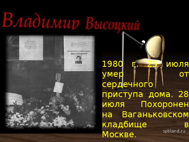 1980 г. 25 июля умер от сердечного приступа дома. 28 июля Похоронен на Ваганьковском кладбище в Москве. 