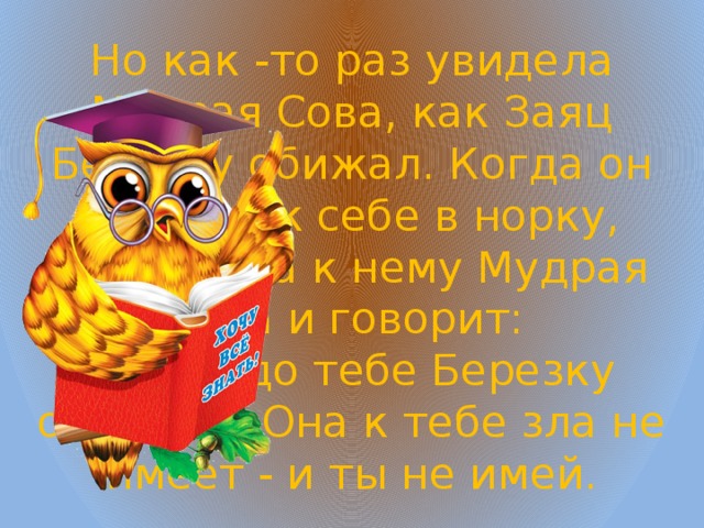 Но как -то раз увидела Мудрая Сова, как Заяц Березку обижал. Когда он залезал к себе в норку, подлетела к нему Мудрая Сова и говорит:  - Не надо тебе Березку обижать. Она к тебе зла не имеет - и ты не имей. 