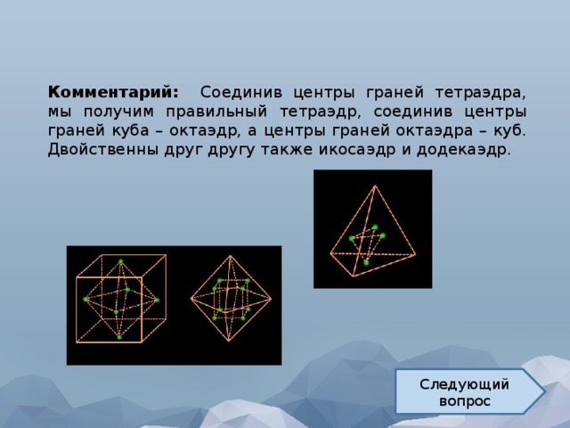 Комментарий: Соединив центры граней тетраэдра, мы получим правильный тетраэдр, соединив центры граней куба – октаэдр, а центры граней октаэдра – куб. Двойственны друг другу также икосаэдр и додекаэдр. Следующий вопрос 