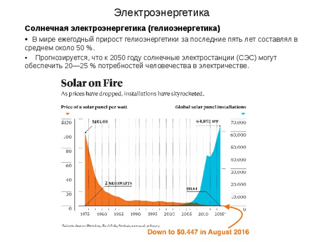 Электроэнергетика Солнечная электроэнергетика (гелиоэнергетика)  В мире ежегодный прирост гелиоэнергетики за последние пять лет составлял в среднем около 50 %.  Прогнозируется, что к 2050 году солнечные электростанции (СЭС) могут обеспечить 20—25 % потребностей человечества в электричестве. 
