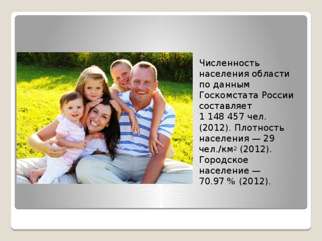 Численность населения области по данным Госкомстата России составляет 1 148 457 чел. (2012). Плотность населения — 29 чел./км 2  (2012). Городское население — 70.97 % (2012). 