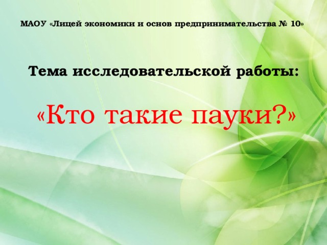  Тема исследовательской работы: МАОУ «Лицей экономики и основ предпринимательства № 10»  «Кто такие пауки?»   