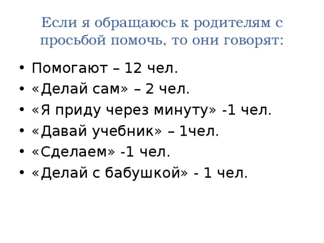 Если я обращаюсь к родителям с просьбой помочь, то они говорят: Помогают – 12 чел. «Делай сам» – 2 чел. «Я приду через минуту» -1 чел. «Давай учебник» – 1чел. «Сделаем» -1 чел. «Делай с бабушкой» - 1 чел.  