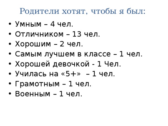Родители хотят, чтобы я был: Умным – 4 чел. Отличником – 13 чел. Хорошим – 2 чел. Самым лучшем в классе – 1 чел. Хорошей девочкой - 1 Чел. Училась на «5+» – 1 чел. Грамотным – 1 чел. Военным – 1 чел. 