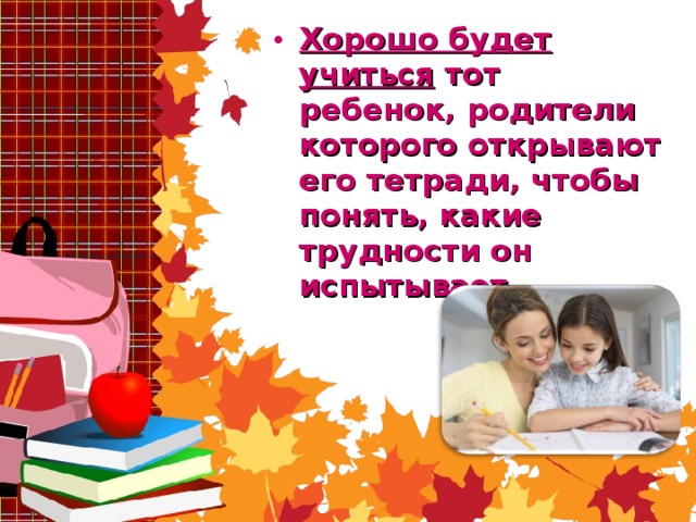 Хорошо будет учиться тот ребенок, родители которого открывают его тетради, чтобы понять, какие трудности он испытывает. 