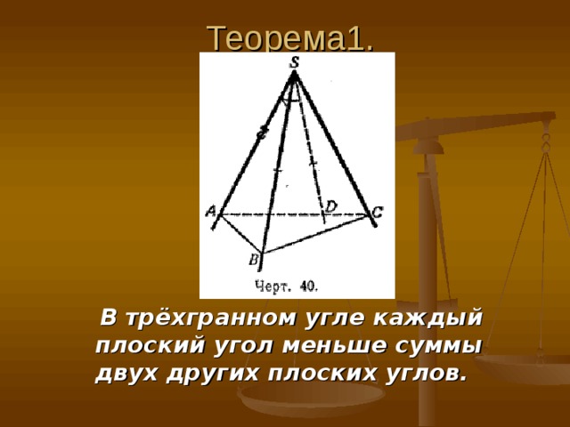 Теорема1.  В трёхгранном угле каждый плоский угол меньше суммы двух других плоских углов.  