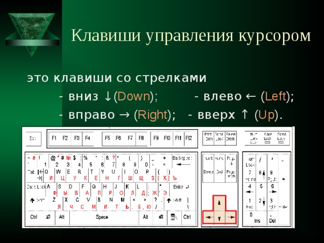 Клавиши управления курсором это клавиши со стрелками  - вниз ↓ ( Down );  - влево  ←  ( Left ) ;   - вправо  →  ( Right ) ;  - вверх ↑  ( Up ) . 
