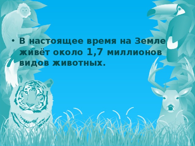 В настоящее время на Земле живёт около 1,7 миллионов видов животных.  