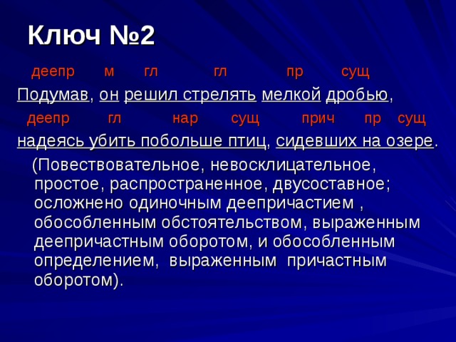 Ключ №2  деепр м гл гл пр сущ Подумав , он  решил стрелять  мелкой  дробью ,  деепр гл нар сущ прич пр сущ надеясь убить побольше птиц , сидевших на озере .  (Повествовательное, невосклицательное, простое, распространенное, двусоставное; осложнено одиночным деепричастием , обособленным обстоятельством, выраженным деепричастным оборотом, и обособленным определением, выраженным причастным оборотом).