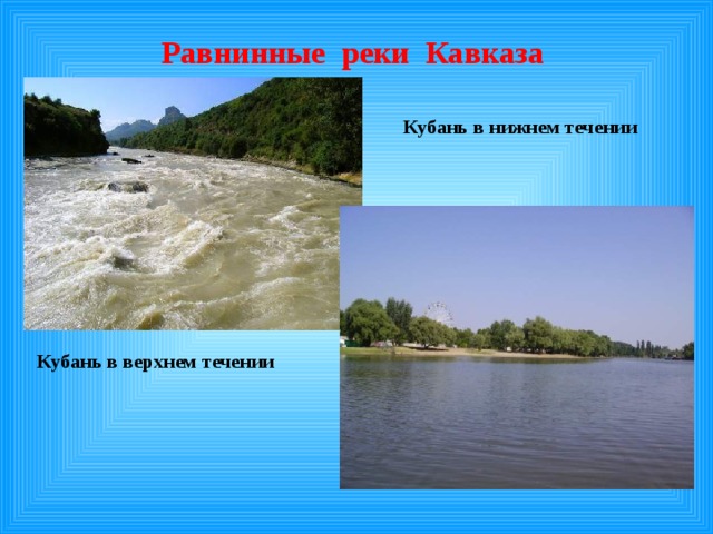 Равнинные реки Кавказа Кубань в нижнем течении Кубань в верхнем течении 