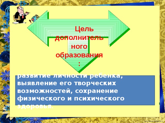 Цель дополнительного образования: развитие личности ребенка, выявление его творческих возможностей, сохранение физического и психического здоровья .