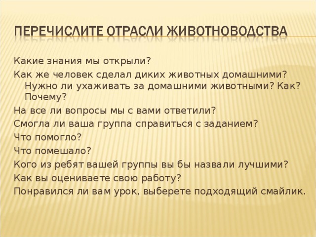 Какие знания мы открыли? Как же человек сделал диких животных домашними?  Нужно ли ухаживать за домашними животными? Как? Почему? На все ли вопросы мы с вами ответили? Смогла ли ваша группа справиться с заданием? Что помогло? Что помешало? Кого из ребят вашей группы вы бы назвали лучшими? Как вы оцениваете свою работу? Понравился ли вам урок, выберете подходящий смайлик. 