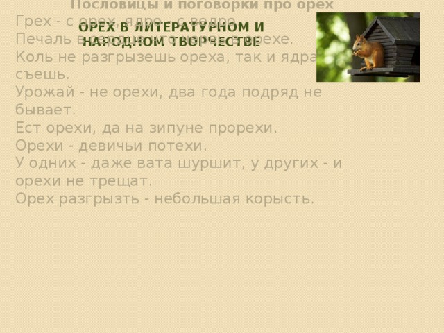 Орех в литературном и народном творчестве БЕЛКА ТАМ ЖИВЁТ РУЧНАЯ, ДА ЗАТЕЙНИЦА КАКАЯ  БЕЛКА ПЕСЕНКИ ПОЁТ, ДА ОРЕШКИ ВСЁ ГРЫЗЁТ…  А.С.ПУШКИН «СКАЗКА О ЦАРЕ САЛТАНЕ»  Пословицы и поговорки про орех Грех - с орех, ядро - с ведро. Печаль в сердце что червь в орехе.  Коль не разгрызешь ореха, так и ядра не съешь.  Урожай - не орехи, два года подряд не бывает.  Ест орехи, да на зипуне прорехи.  Орехи - девичьи потехи.  У одних - даже вата шуршит, у других - и орехи не трещат.  Орех разгрызть - небольшая корысть.         