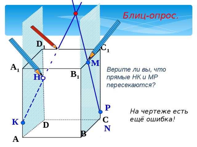 Блиц-опрос. D 1 С 1 М Верите ли вы, что прямые НК и МР пересекаются?  А 1 B 1 Н Р На чертеже есть ещё ошибка! С К D N В А 