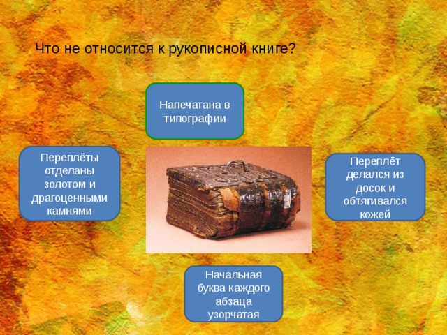 Что не относится к рукописной книге? Напечатана в типографии Переплёты отделаны золотом и драгоценными камнями Переплёт делался из досок и обтягивался кожей Начальная буква каждого абзаца узорчатая