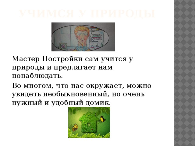 Учимся у природы Мастер Постройки сам учится у природы и предлагает нам понаблюдать. Во многом, что нас окружает, можно увидеть необыкновенный, но очень нужный и удобный домик. 