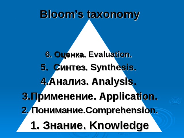 Bloom’s taxonomy   6.  Оценка. Evaluation.   5 .  Синтез. Synthesis.   4. Анализ .  Analysis .   3. Применение .  Application. 2. Понимание. Comprehension. 1 .   Знание . Knowledge  