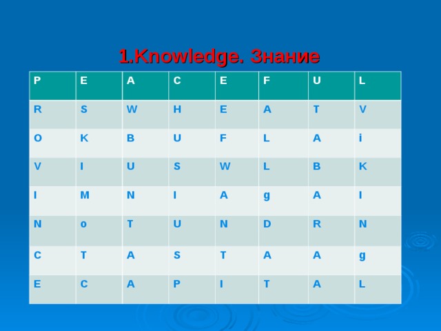 1.Knowledge. Знание  Find 7 words to the theme “Canada” Britain” P R E S A O K W V C I H B I E E M F U U N A o S U N F C I T E L T W T L L V C U  A A A i A N g S B P K D T A A R I I N T A g A L 