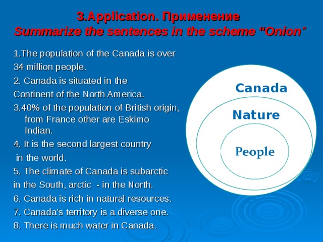 3.Application. Применение  Summarize the sentences in the scheme “Onion ”   1.The population of the Canada is over 34 million people. 2. Canada is situated in the Continent of the North America. 3.40% of the population of British origin,  30% from France other are Eskimo  and Indian. 4. It is the second largest country  in the world. 5. The climate of Canada is subarctic in the South, arctic - in the North. 6. Canada is rich in natural resources. 7. Canada’s territory is a diverse one. 8. There is much water in Canada.  Canada Nature 