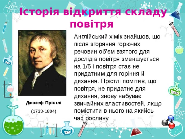Історія відкриття складу повітря  Англійський хімік знайшов, що після згоряння горючих речовин об’єм взятого для дослідів повітря зменшується на 1/5 і повітря стає не придатним для горіння й дихання. Прістлі помітив, що повітря, не придатне для дихання, знову набуває звичайних властивостей, якщо помістити в нього на якийсь час рослину.  Джозеф Прістлі (1733-1804) 