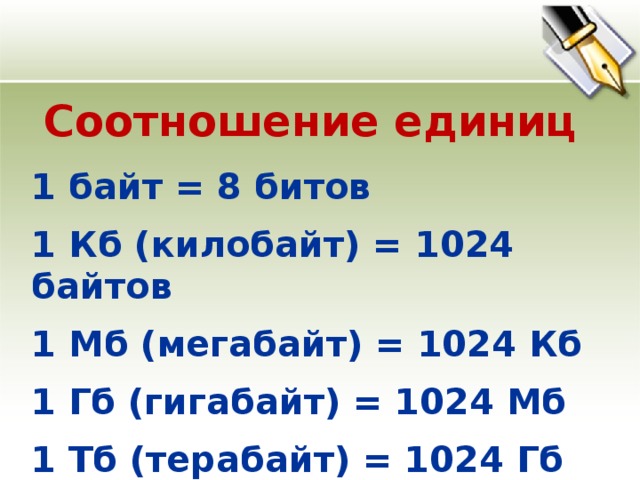 Соотношение единиц 1 байт = 8 битов  1 Кб (килобайт) = 1024 байтов  1 Мб (мегабайт) = 1024 Кб  1 Гб (гигабайт) = 1024 Мб  1 Тб (терабайт) = 1024 Гб